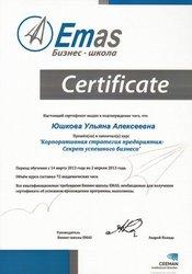 Сертификат Евразийской школы Менеджмента и Администрирования (EMAS) об успешном прохождении тренинга